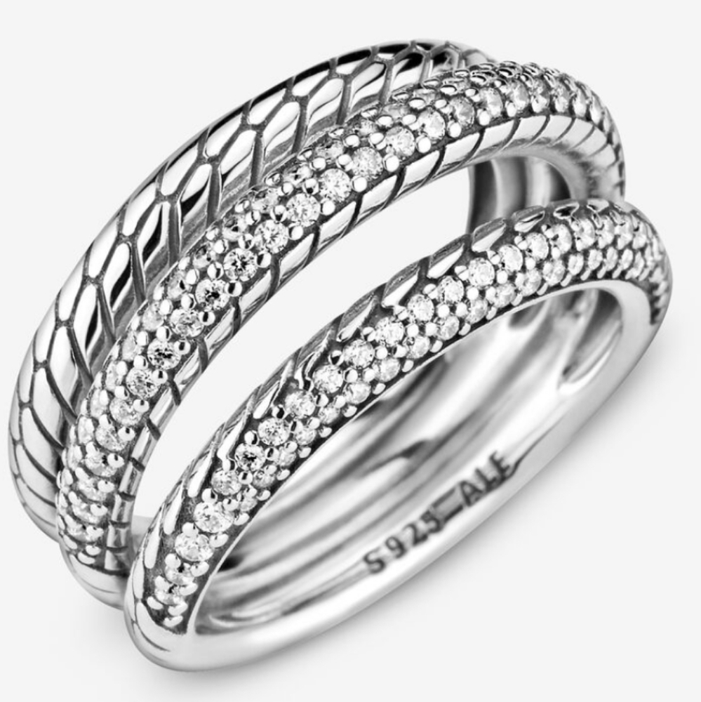 Pandora triple band pave snake chain pattern ring 925 sterling silver